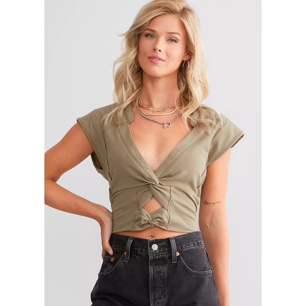 Gilded Intent Women's Olive Green Deep V-Neck Crop Top Sleeveless Size Large
